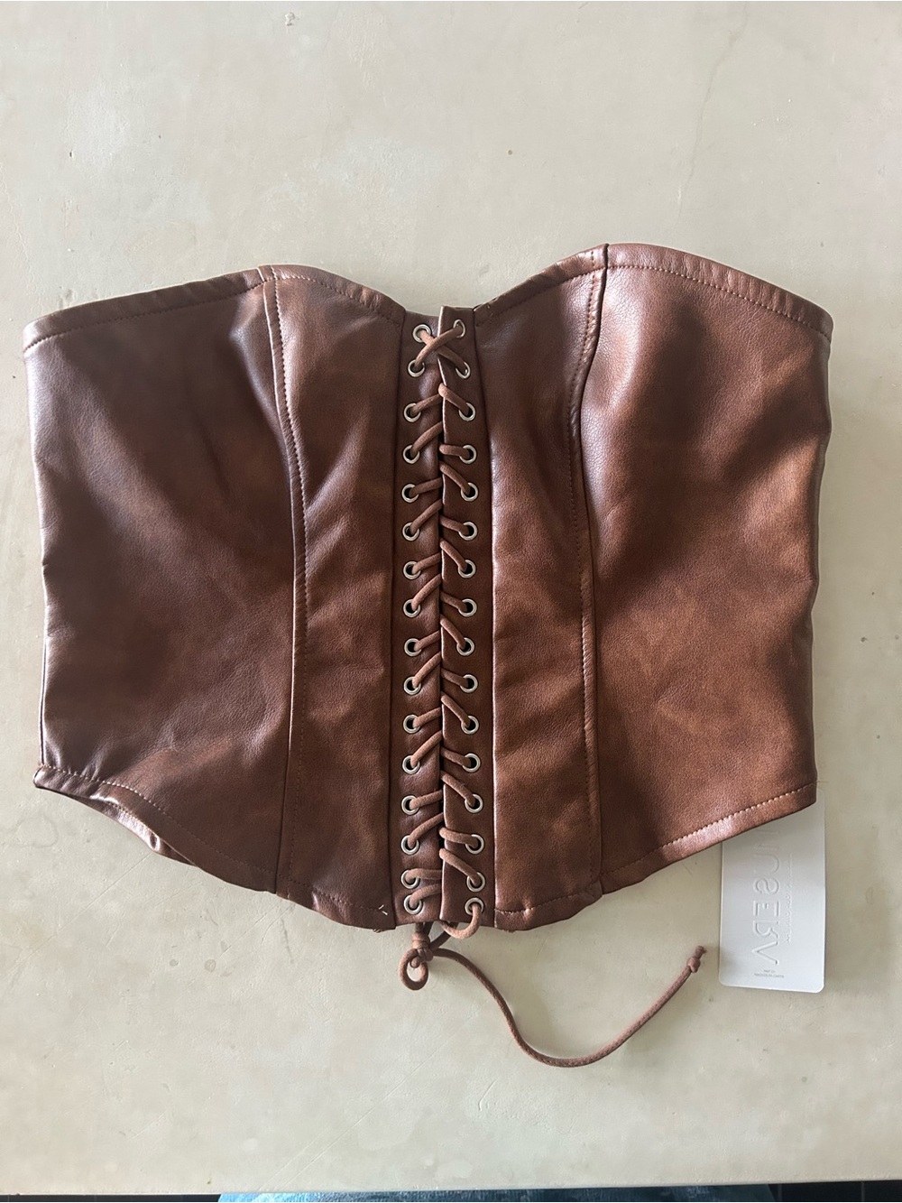 NWT Brown Faux Leather Lace-Up Corset Crop Top bustier L western shirt